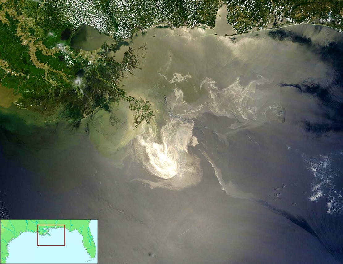 NASA's Terra Satellites Sees Spill on May 24 Sunlight illuminated the lingering oil slick off the Mississippi Delta on May 24, 2010.